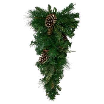Northlight 28" Unlit Artificial Mixed Pine with Pine Cones and Gold Glitter Christmas Teardrop Swag