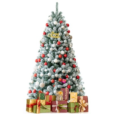 Tangkula 6FT Snow Flocked Artificial Christmas Hinged Tree Pre-lit Artificial Xmas Full Tree with 928 Branch Tips