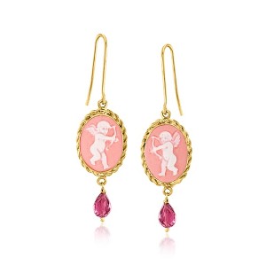 Ross-Simons Italian Pink Porcelain Cupid Cameo Drop Earrings With 4.00 ct. t.w. Rhodolite Garnets in 18kt Gold Over Sterling - 1 of 4
