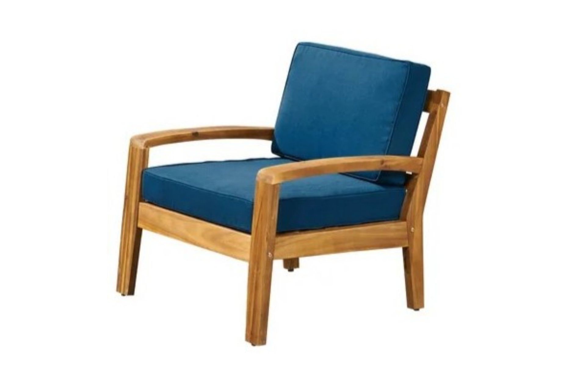 Single Outdoor Acacia Wood Patio Club Chair with Teal Water-Resistant Cushions, Outdoor Chair with Slat Panel Design for Garden or Deck-Coolbibila
