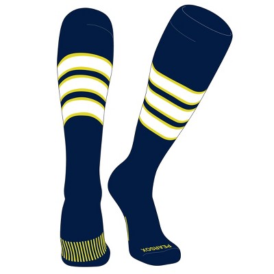 PEAR SOX Striped OTC Baseball, Softball, Football Socks (C) Navy, Bright Yellow, White