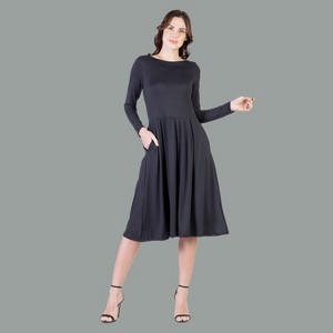 24seven Comfort Apparel Womens Long Sleeve Midi Length Fit N Flare Pocket Dress - 1 of 4