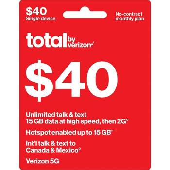 Total By Verizon $40 Unlimited Talk & Text Single Device No Contract Monthly Plan (Email Delivery)