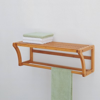 Eco-Friendly Bamboo Floating Wall Shelf with Dual Towel Bars - Brown