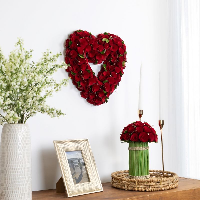 Northlight Wooden Roses Floral Artificial Valentine's Day Heart Wreath - 13.5" - Red, 2 of 7