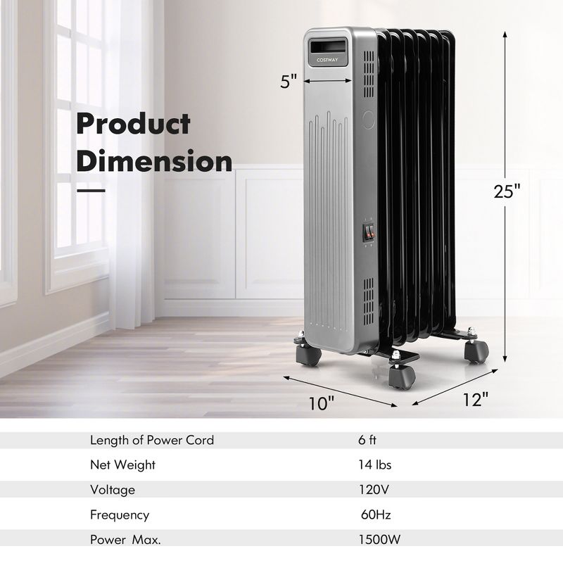 Costway 1500W Oil-Filled Radiator Heater Portable Electric Space Heater 3 Heat Settings, 3 of 11