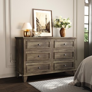 Farmhouse Brown Dresser for Bedroom with 6 Drawer, Double Dresser TV Stand with Vintage Handle, Wide Wood Dressers & Chests of Drawers - 1 of 4