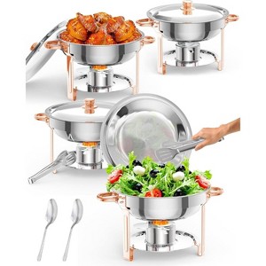 5QT round chafing dish buffet set (2-pack) in gold, NSF-certified stainless steel with lid, spoon, and tweezer, ideal for catering and events. - 1 of 4