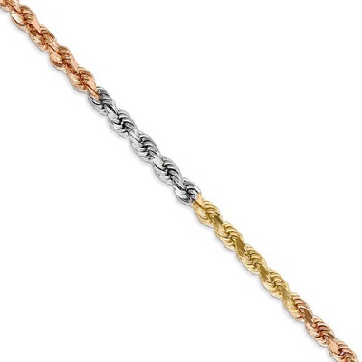 Black Bow Jewelry 4mm, 14k Tri-Color Gold, D/C Solid Rope Chain Necklace