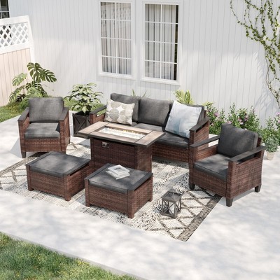 Sonkuki 6 Pieces Patio Sofa with Rectangle Fire Pit Table and Ottomans, Patio Conversation Couch with Cushion