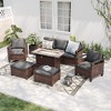 Sonkuki 6 Pieces Patio Sofa with Rectangle Fire Pit Table and Ottomans, Patio Conversation Couch with Cushion - 2 of 4