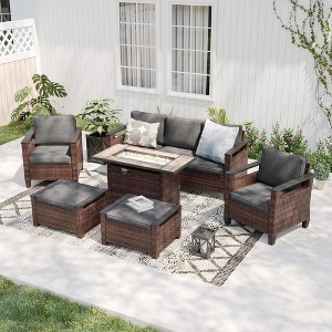 Sonkuki 6 Pieces Patio Sofa with Rectangle Fire Pit Table and Ottomans, Patio Conversation Couch with Cushion - 1 of 4