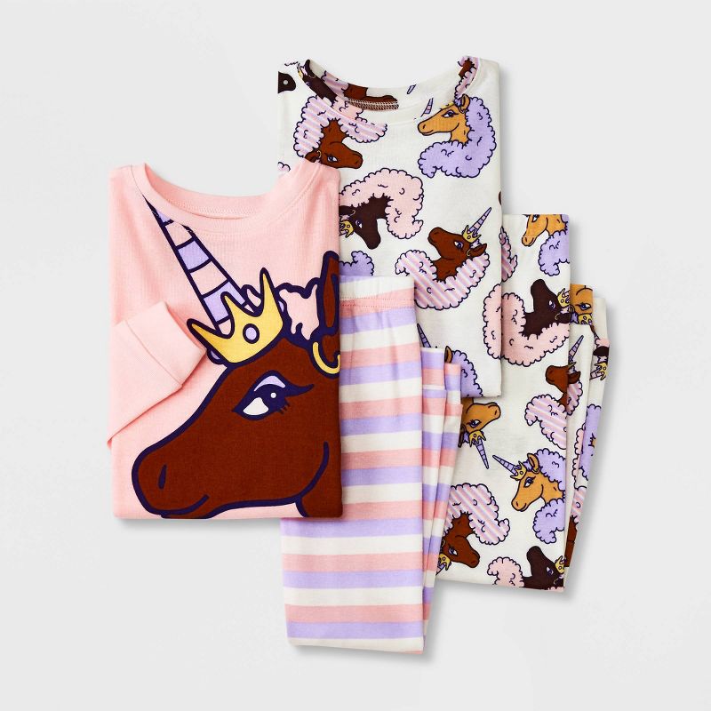 Toddler Girls&#39; 4pc Afro Unicorn Striped Snug Fit Pajama Set - Pink, 1 of 7