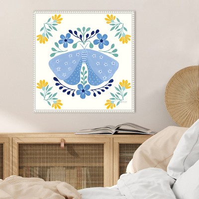 22 x 22 Blue Butterfly and Floral Canvas Print with White Polystyrene Frame
