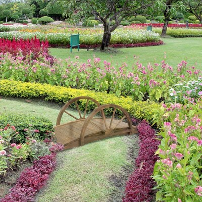 3.3ft Stained Fir Wood Garden Bridge with Half-Wheel Railings