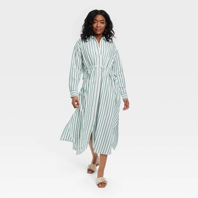 Women's Long Sleeve Cinch Waist Maxi Shirtdress - Universal Thread™ Green  Striped L