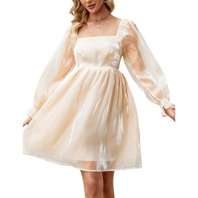 Womens Puff Sleeve Square Neck Puffy Dress Babydoll Mesh Minidress Light Apricot M