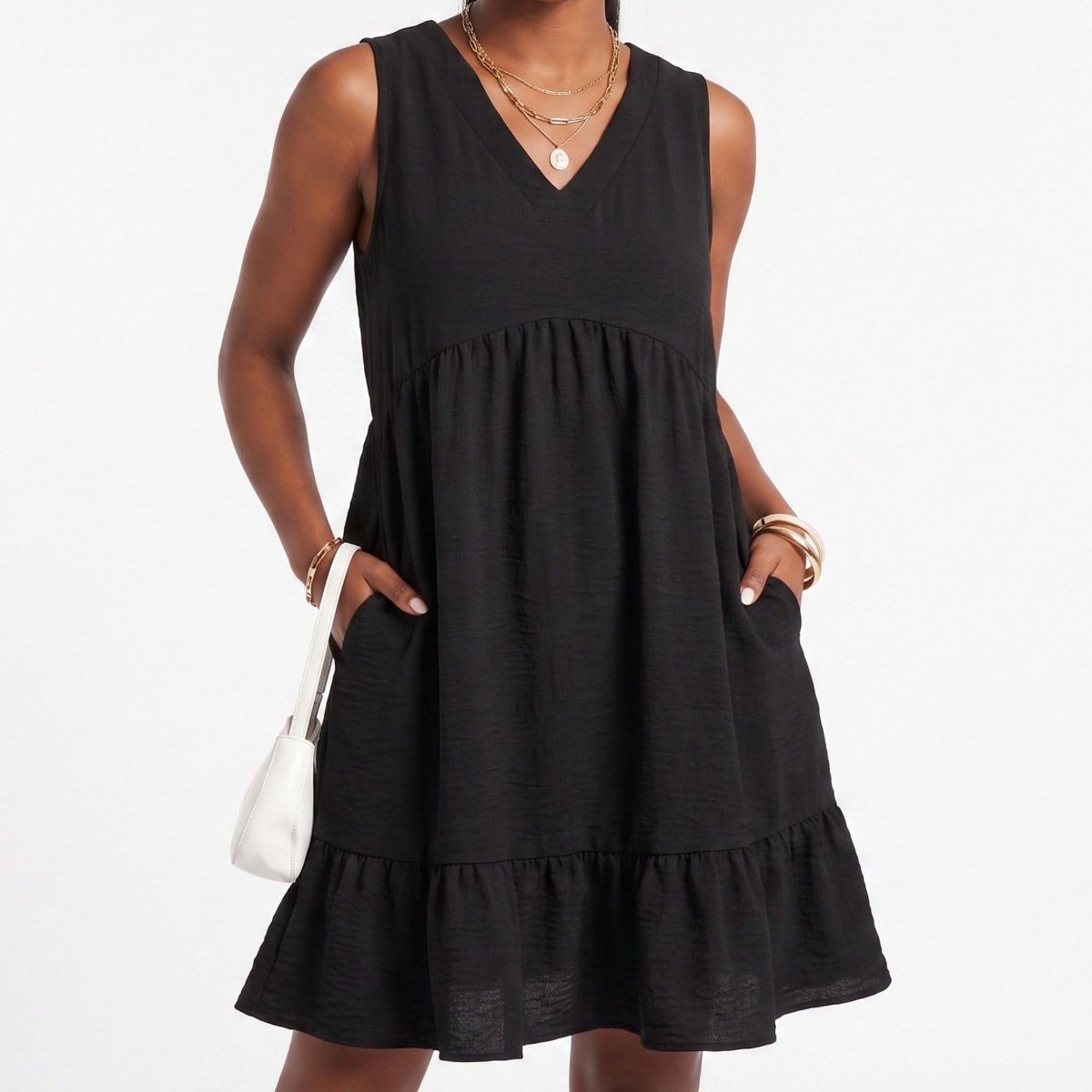 Anna-Kaci Women's Sleeveless V-Neck Babydoll Ruffle Hem Dress with Pockets