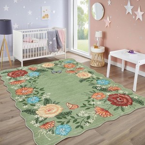 9'x12' Vintage Floral Runner Rug Washable Low Pile, Non-Slip Distressed Carpet for Entryway Living Room Bedroom, Faux Wool Soft Area Rug,Green - 1 of 4