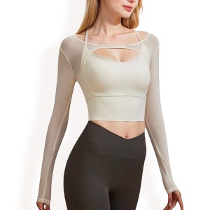 Anna-Kaci Active Women's Long Sleeve Mesh Cropped Activewear Top with Cutout Detail and Sheer Sleeves - Small, Light Beige - 1 of 4