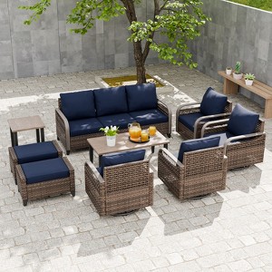 EAGLE PEAK Wicker Outdoor Patio Conversation Set, 4 Swivel Rocker Chairs, 3-Seat Loveseat, 2 Ottomans, Table, 9 Pieces - 1 of 4