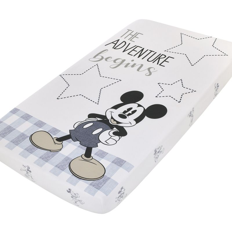 Disney Mickey Mouse - Call Me Mickey White and Blue The Adventure Begins Stars and Gingham 100% Cotton Photo Op Nursery Fitted Crib Sheet, 1 of 7