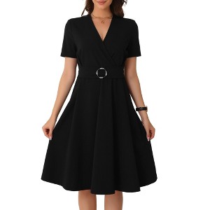 INSPIRE CHIC Women's Elegant V Neck Short Sleeve Dressy Wrap Ruched Business A-Line Midi Dress - 1 of 4