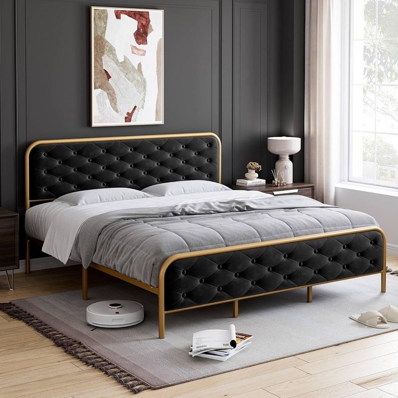 Double Bed Frame, Sponge Bed Frame, Wood Slat Supports, Springless Bed, Upholstered Bed Frame with Velvet Tufted Headboard, Black+Gold, 1 of 7