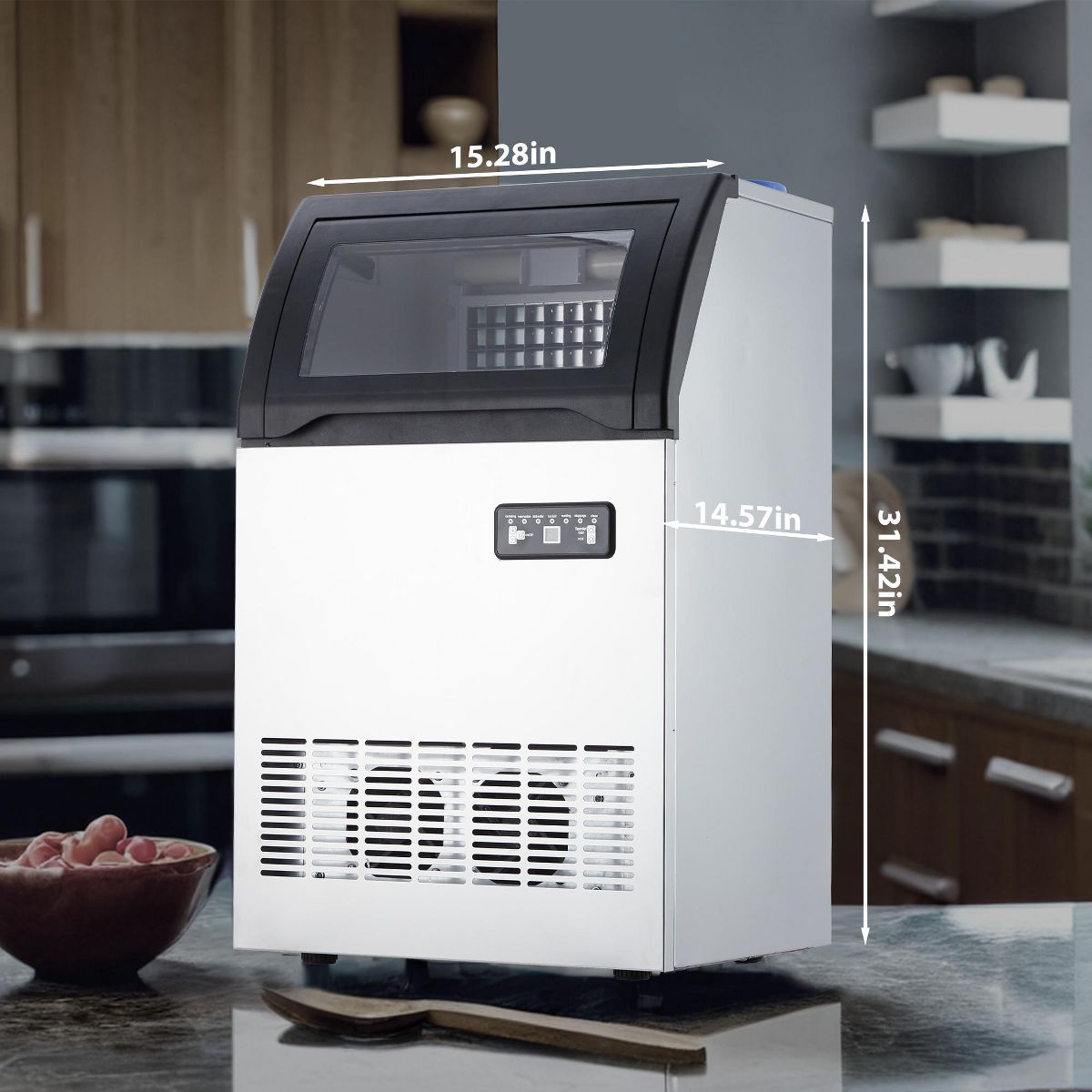 Commercial Ice Maker Machine – 100Lbs/24H, Under Counter Stainless Steel, 33Lbs Storage Bin, Dual Water Supply for Home, Restaurant, Coffee Bar - thumbnail 2