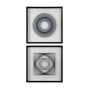 Uttermost String Duet Geometric Art Set of 2 – 23.625" Square Framed Thread Art in Pine & Glass Shadow Boxes - 1 of 4