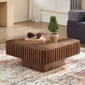 Angel Sar Modern 35.4 Inch Square Drum Coffee Table, Handcrafted Wood Veneer Top with MDF Base, Walnut Finish Small Living Room Accent Table - 1 of 4