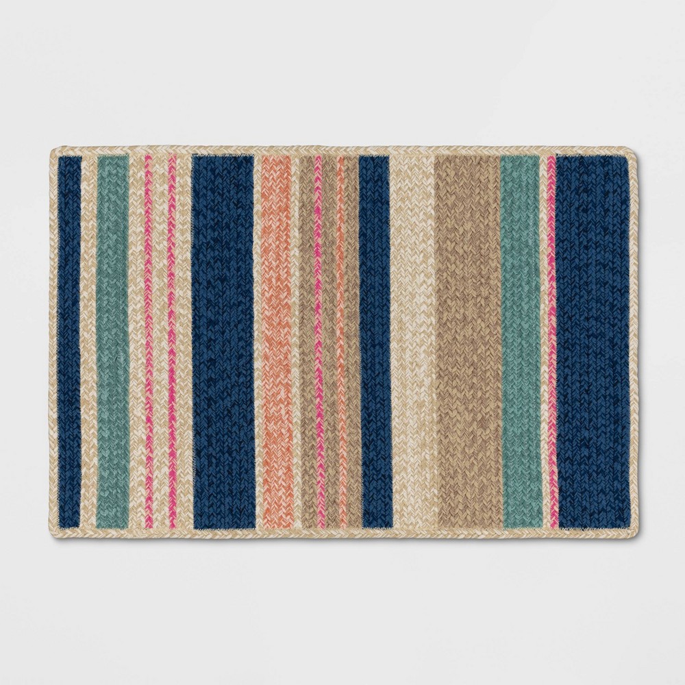 Photos - Doormat 2'x3' Striped Rectangular Braided Outdoor Accent Rug Multicolor Pastels 