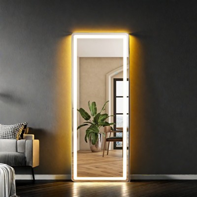FURNIinspire Decorative Wall Mirrors Rectangle 3 Color Lighting Mirror, Standing Mirror Wall Mounted Hanging Mirror With Stand, Clear, 26"*71"