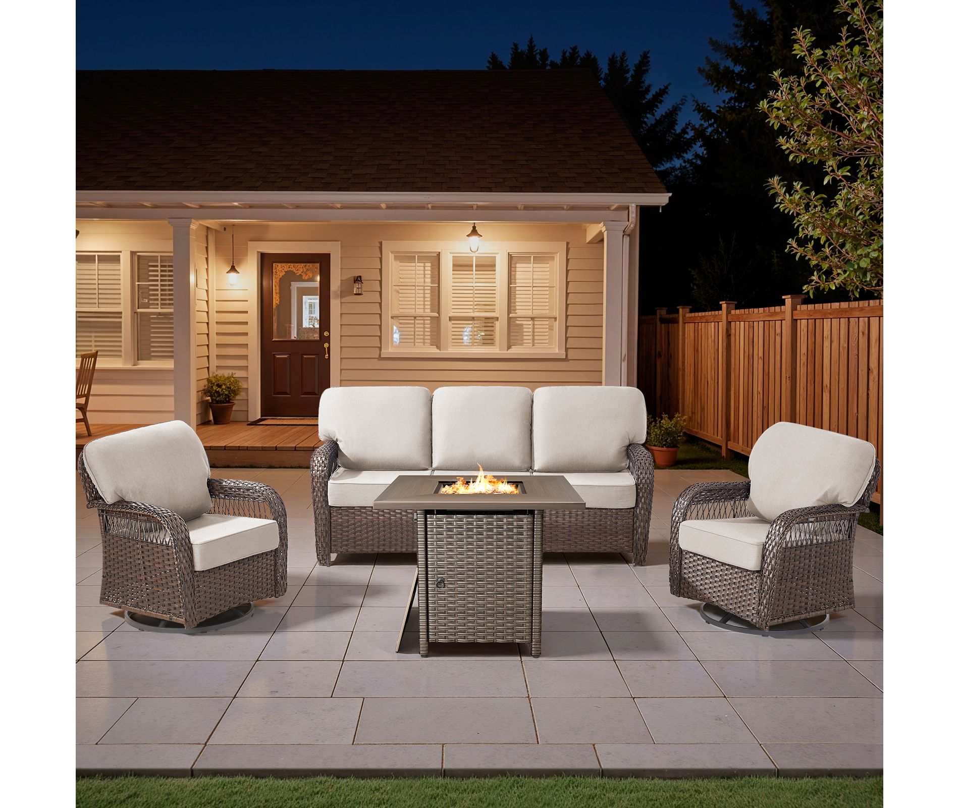 Buenhomino Patio Furniture Set with Fire Pit-Outdoor Swivel Glider Rocking Chair with Patio Sofa Outdoor Conversation Furniture Set