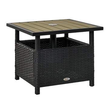 Outsunny 22'' Rattan Wicker Side Table with Steel Frame, Umbrella Insert Hole, Sand Bag for Outdoor, Patio, Garden, Backyard