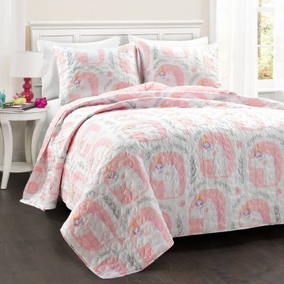 2pc Twin Kids'/XL Kids' Cottage Core Sara Lily Reversible Quilt Set Pink -  Lush Décor