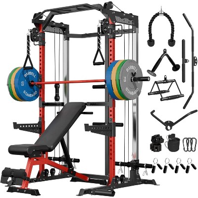 ER KANG Power Cage, 2000LB Squat Rack, Dual Pulley Cable Crossover System, Multi-function Free Weight Home Gym Workout Machine with Attachments
