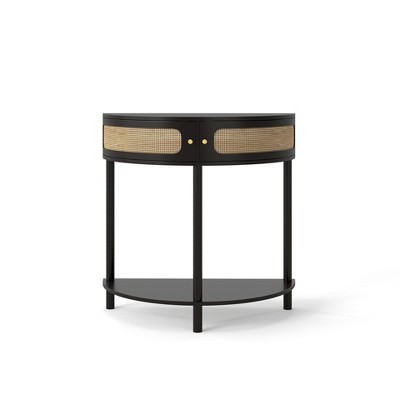 Lirago Unique Half Moon End Table with 2 Rattan Cabinets and Bottom Shelf (Black)15.75"D * 31.5"L  * 32.3"H