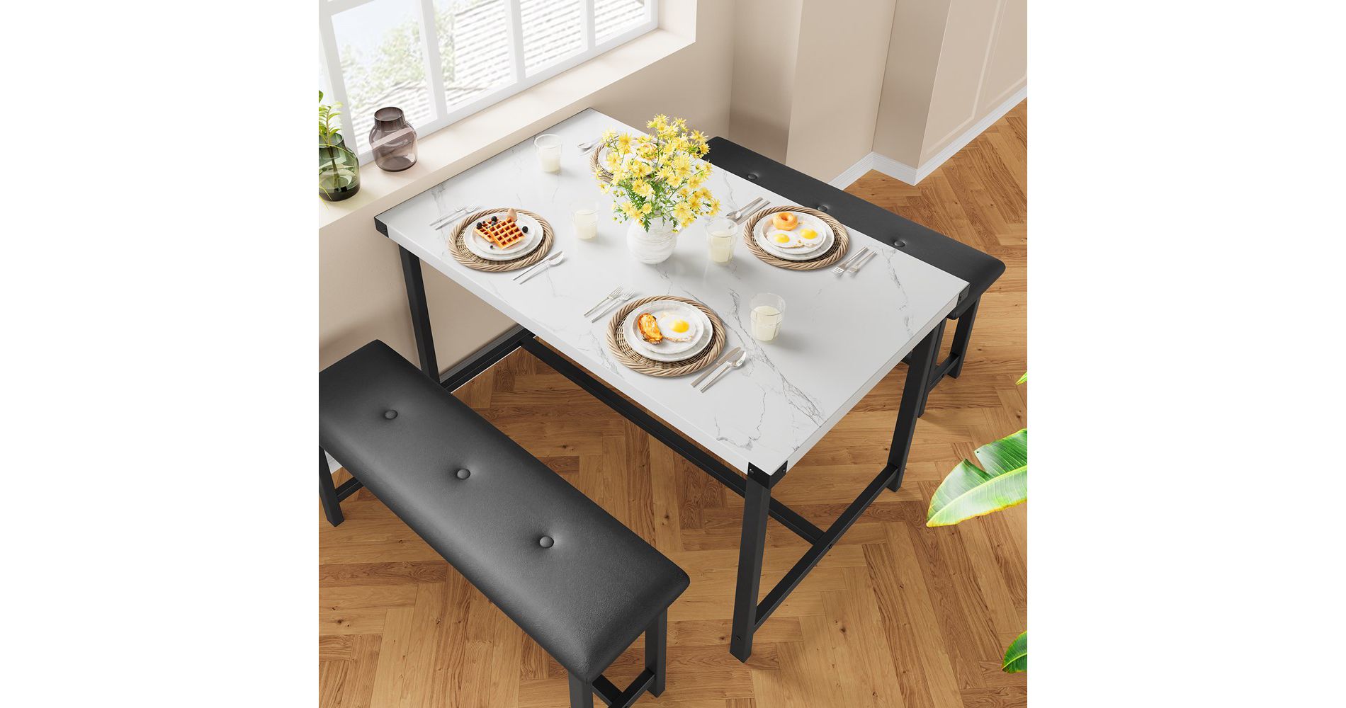 Dining Table Set for 4, Kitchen Table with 2 Upholstered Benches, Rectangular Kitchen Table Set, for Small Space, Apartment, Studio, Marble White