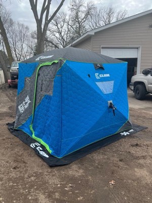 Clam 17484 X-600 Portable 6 Person 11.5 Foot Ice Team Fishing Angler  Thermal Hub Shelter Tent With Anchor Straps, Carrying Bag, & Dimmable Light  : Target