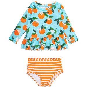 RuffleButts Girls UPF50+ Sun Protected Scallop Hem Long Sleeve Rash Guard Bikini - 1 of 4
