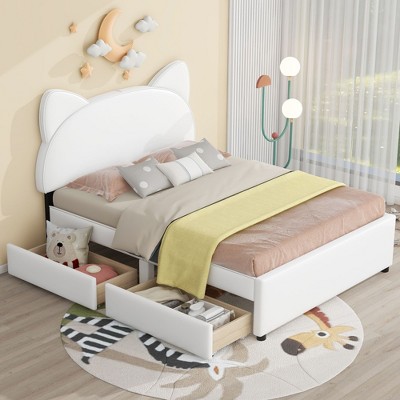 NicBex Twin/Full Size Upholstered Platform Bed with Cartoon Ears Shaped Headboard and 2 Drawers for Kids Teens Adults