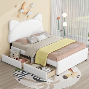 NicBex Twin/Full Size Upholstered Platform Bed with Cartoon Ears Shaped Headboard and 2 Drawers for Kids Teens Adults - 1 of 4