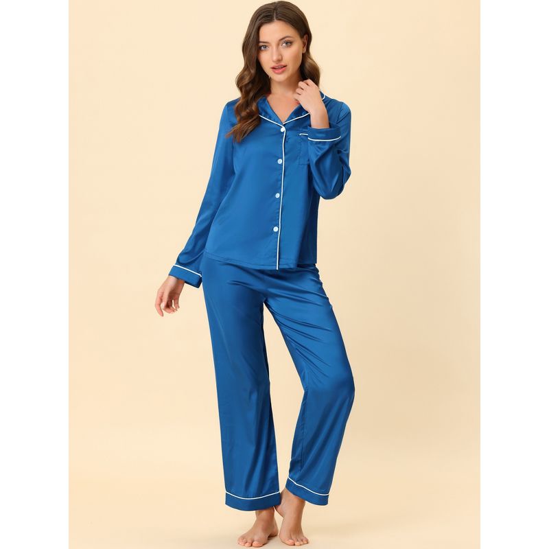 cheibear Women's Satin Button Down Lounge Tops and Pants Pajama Set, 3 of 7