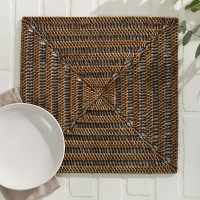 Set of 4 Brown Woven Rattan Square Rustic Chargers