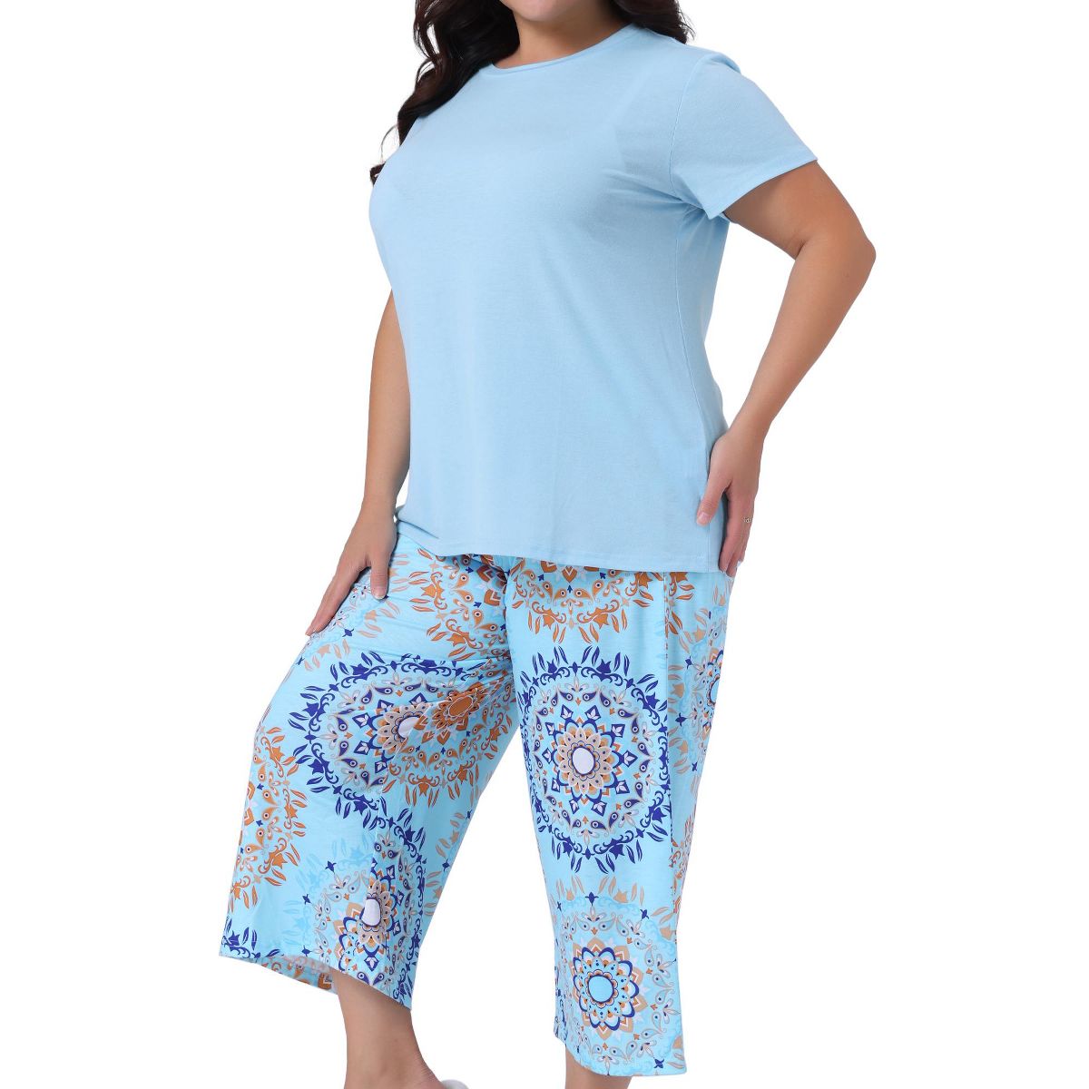 Women's Plus Size Knit Short Sleeve Two-Piece Pajama Set with Elastic Waist Pants - Agnes Orinda