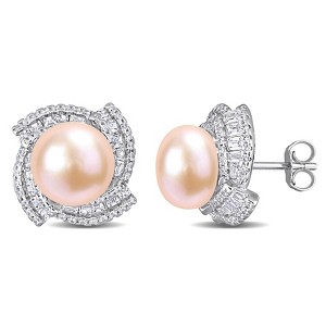 EVERLY JEWELRY | Sterling Silver 9 - 9.5 MM Cultured Freshwater Pearl and Cubic Zirconia Geometric Stud Earrings– Multiple Pearl color Options - 1 of 4