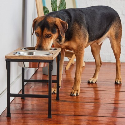 Tall Mango Wood and Metal Elevated Pet Feeder with Stainless Steel Bowls
