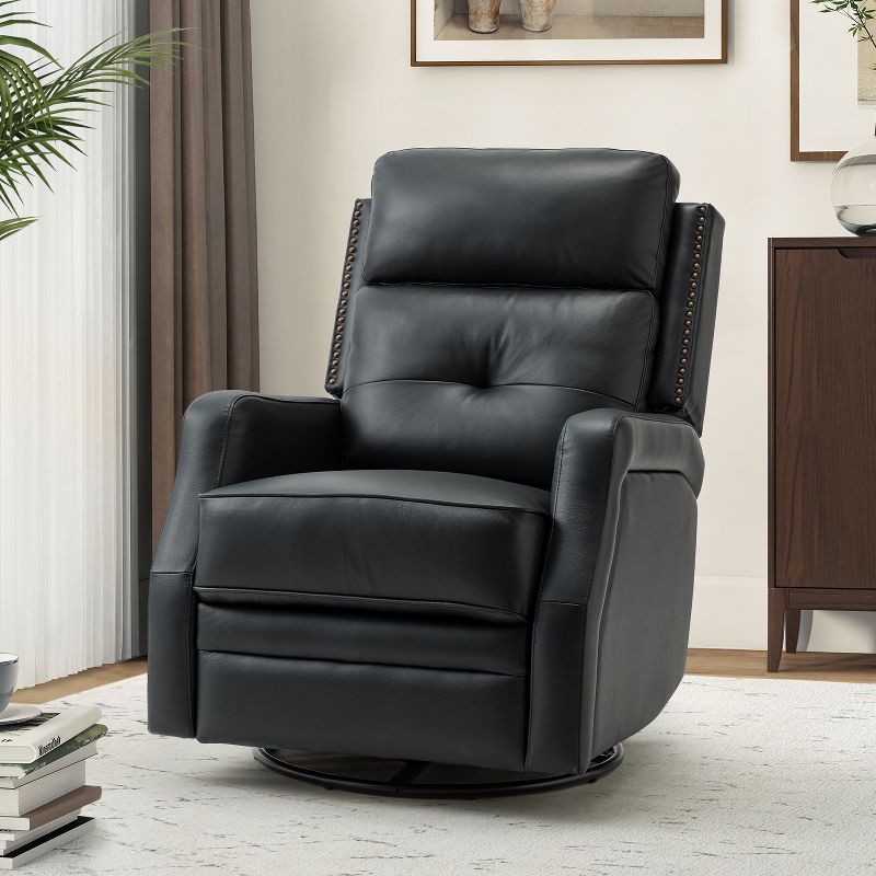 Basilio 28.74" Wide Tufted Wooden Upholstery Genuine Leather Swivel Rocker Recliner with Nailhead Trims | ARTFUL LIVING DESIGN, 1 of 11