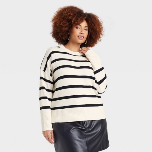 Women's Crewneck Spring Pullover Sweater - A New Day™ Cream/Black Striped 1X